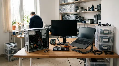 Aufgeräumter Werkstattplatz mit geöffnetem PC, Laptop und Messgeräten